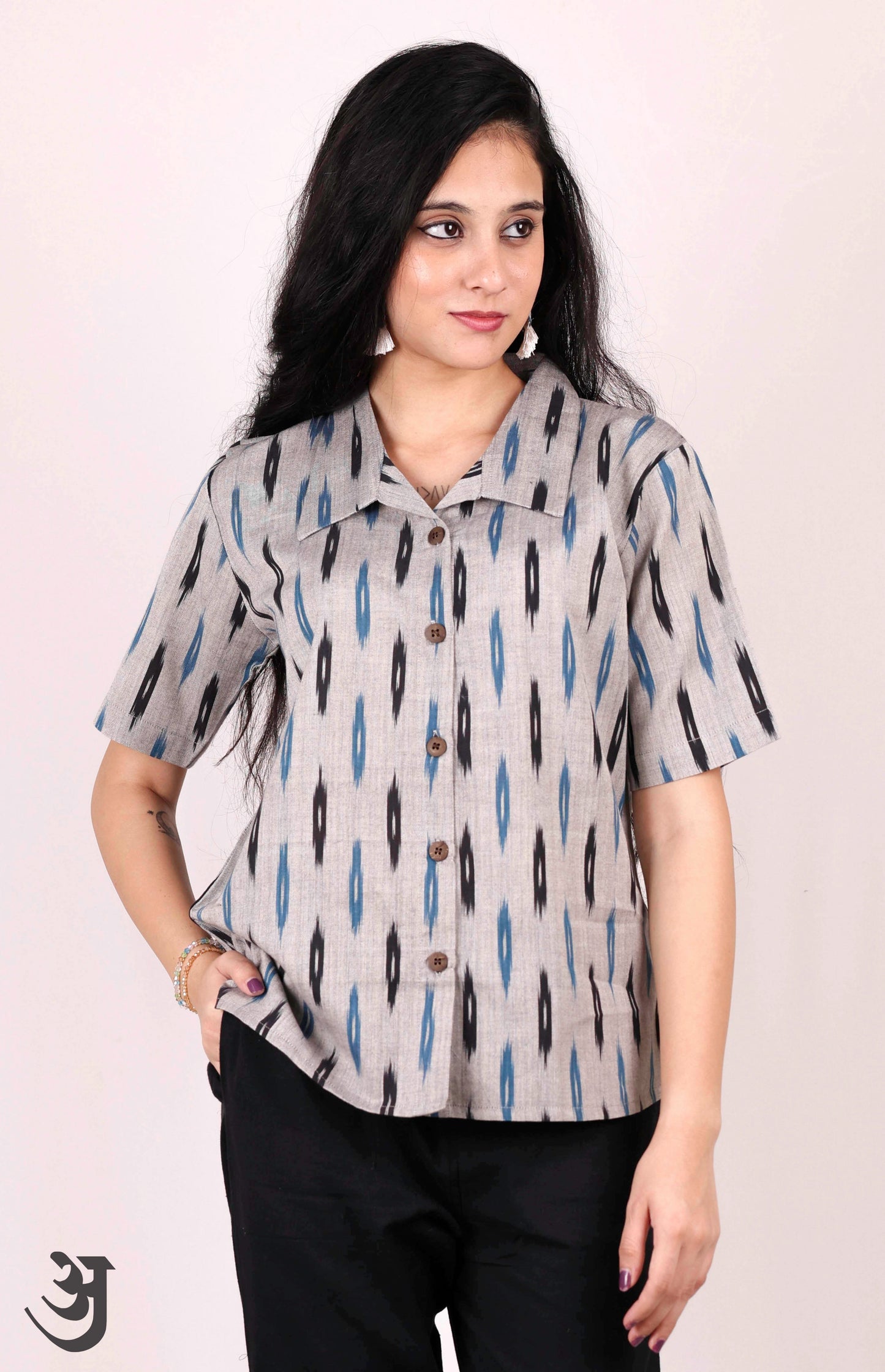 Grey Ikat Shirt Top