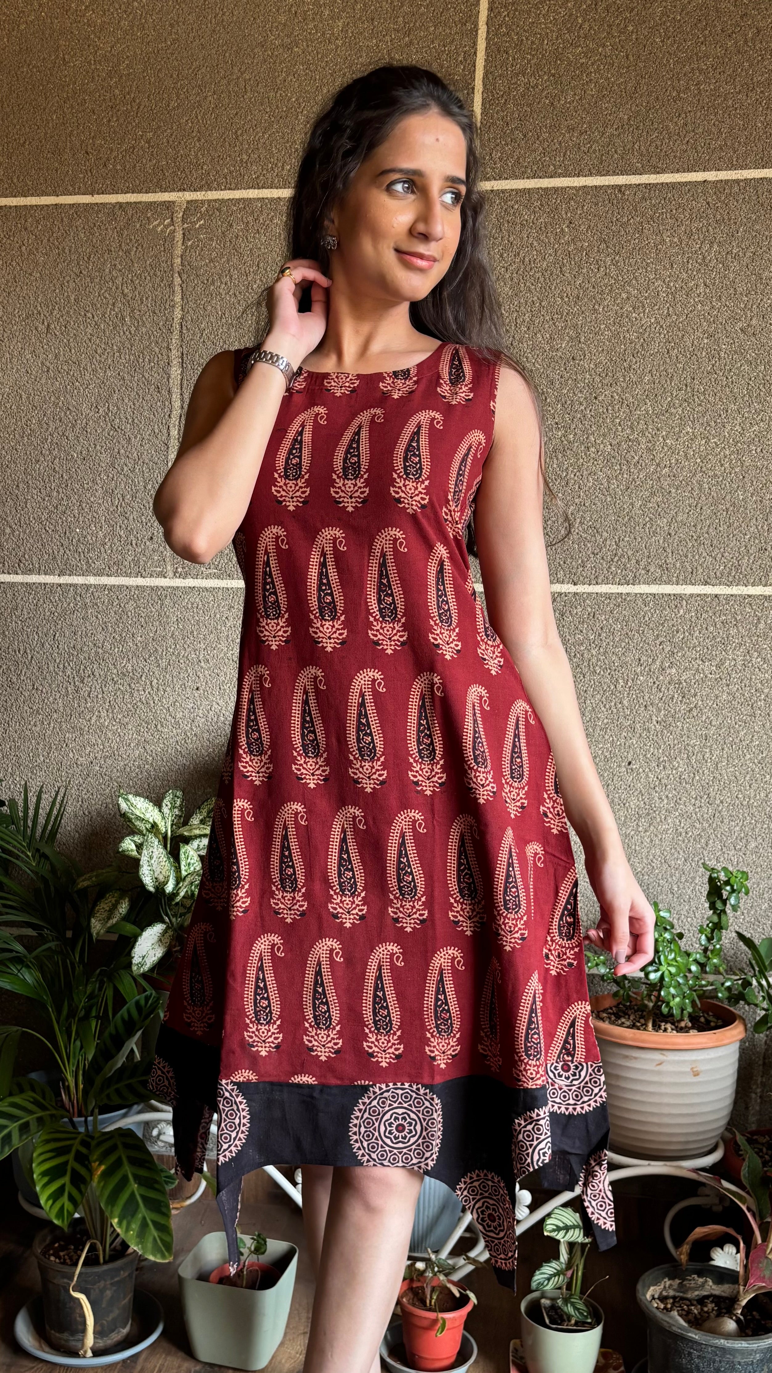 Maroon Paisley Dress (Dabu Block Print)