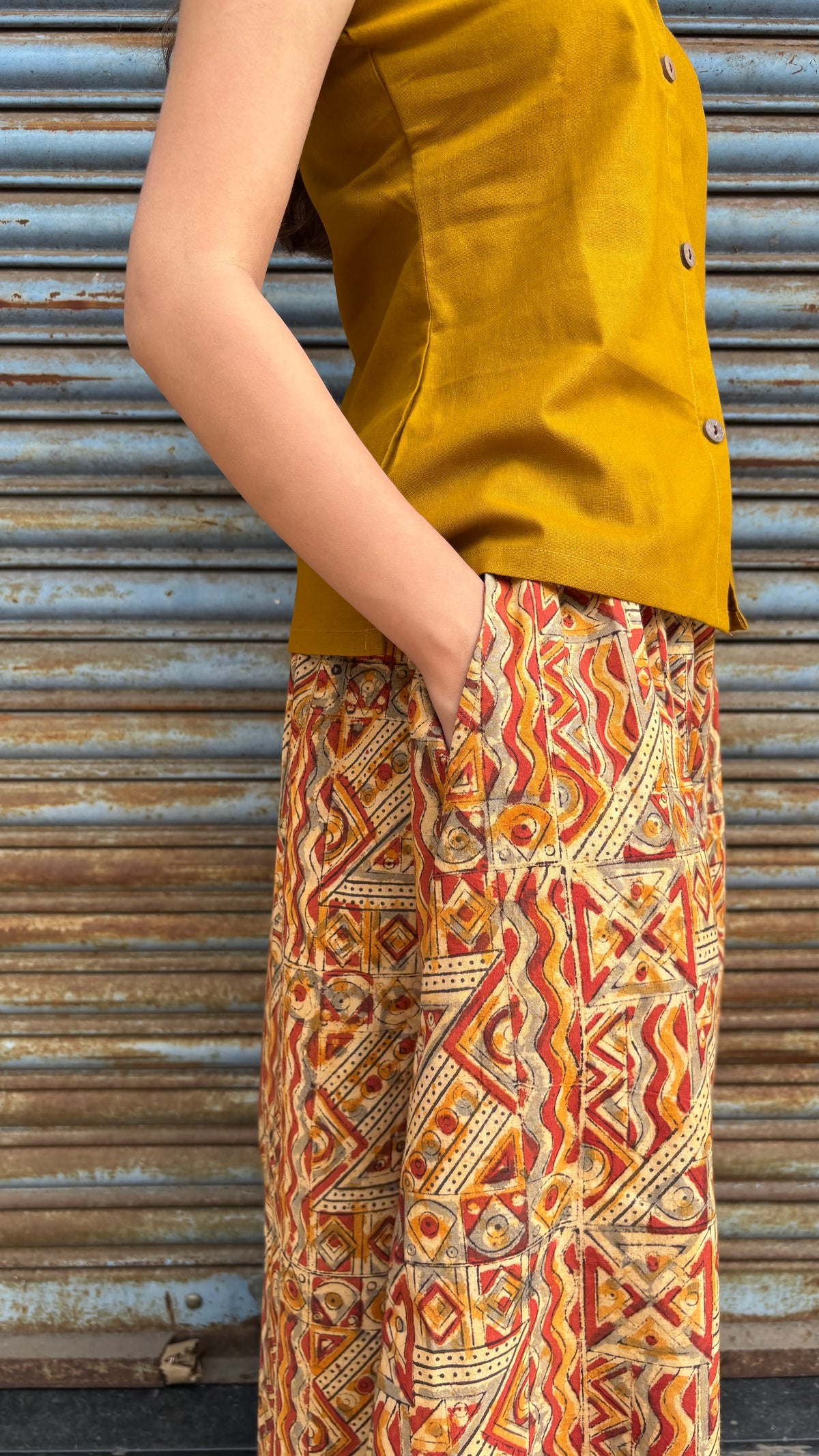 Mustard top with kalamkari skirt
