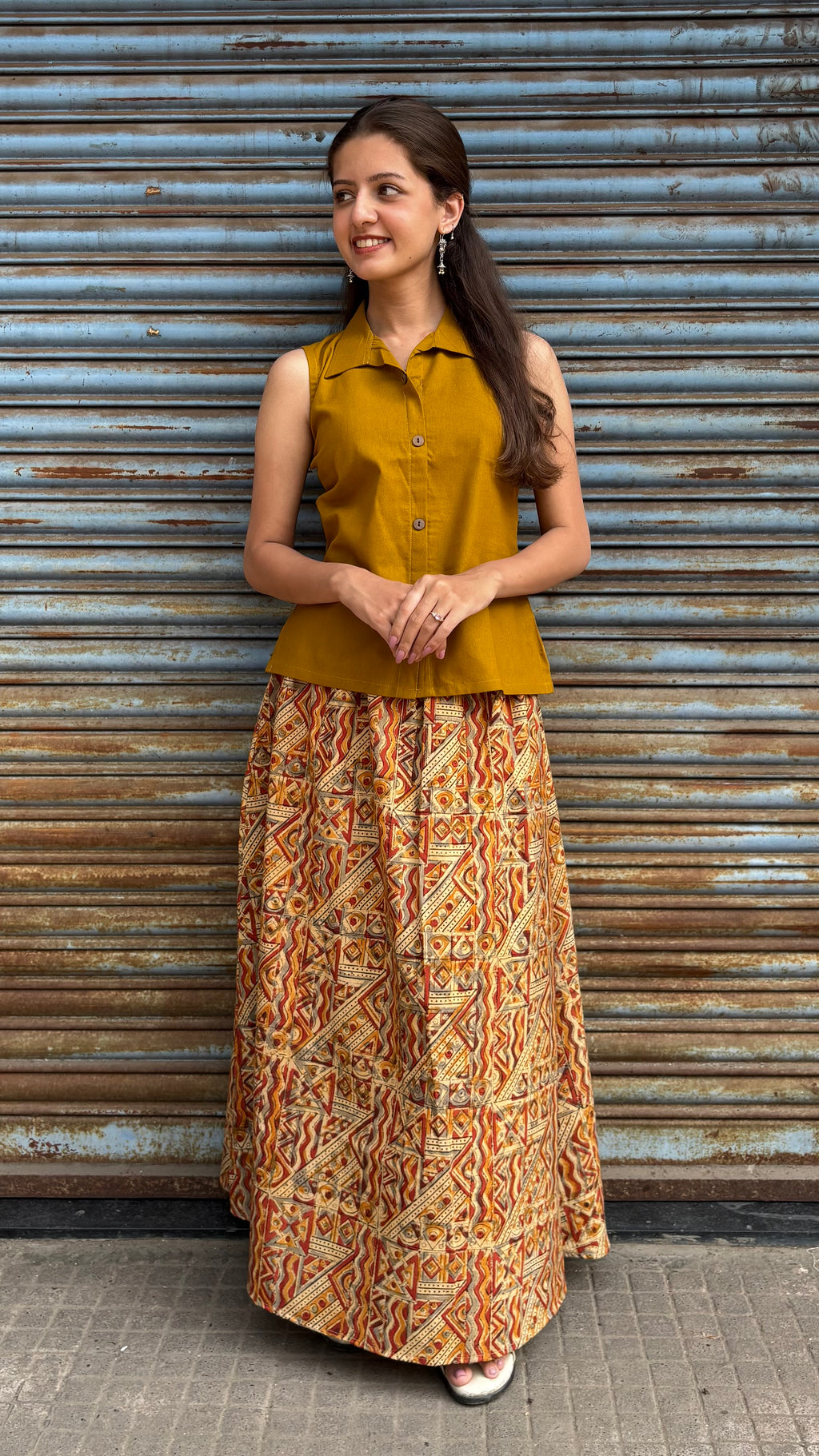 Mustard top with kalamkari skirt
