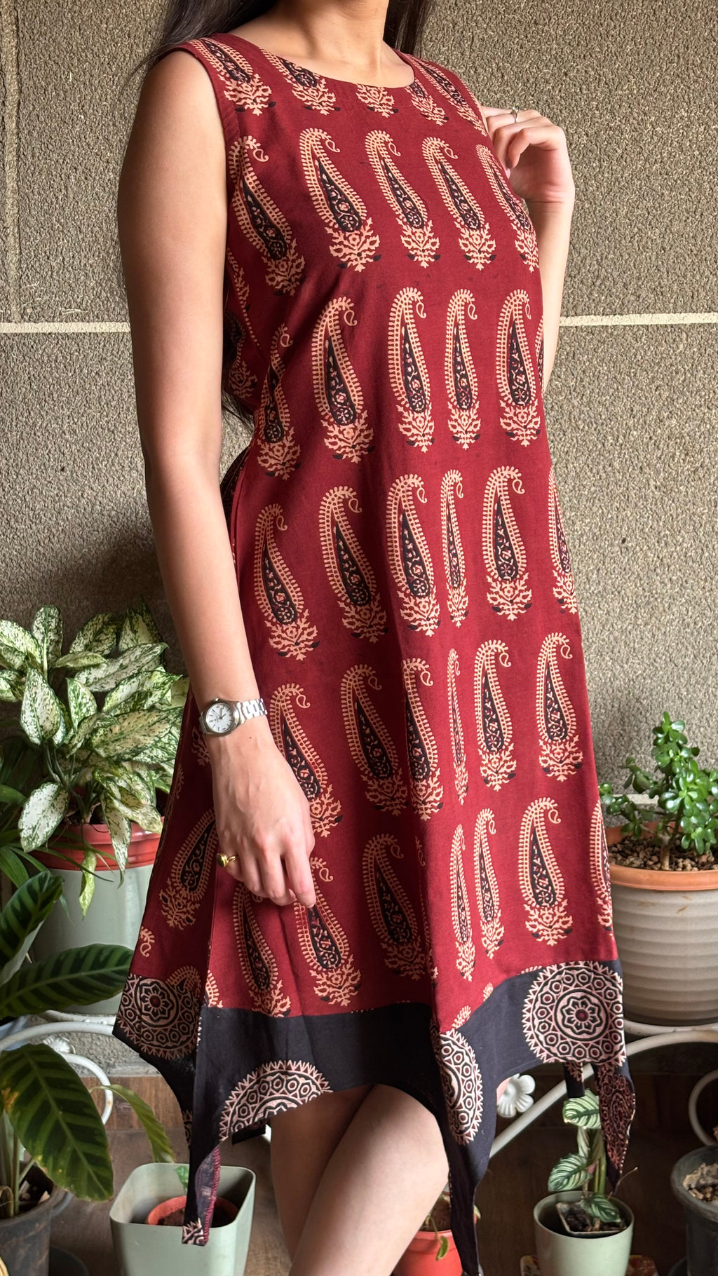 Maroon Paisley Dress (Dabu Block Print)