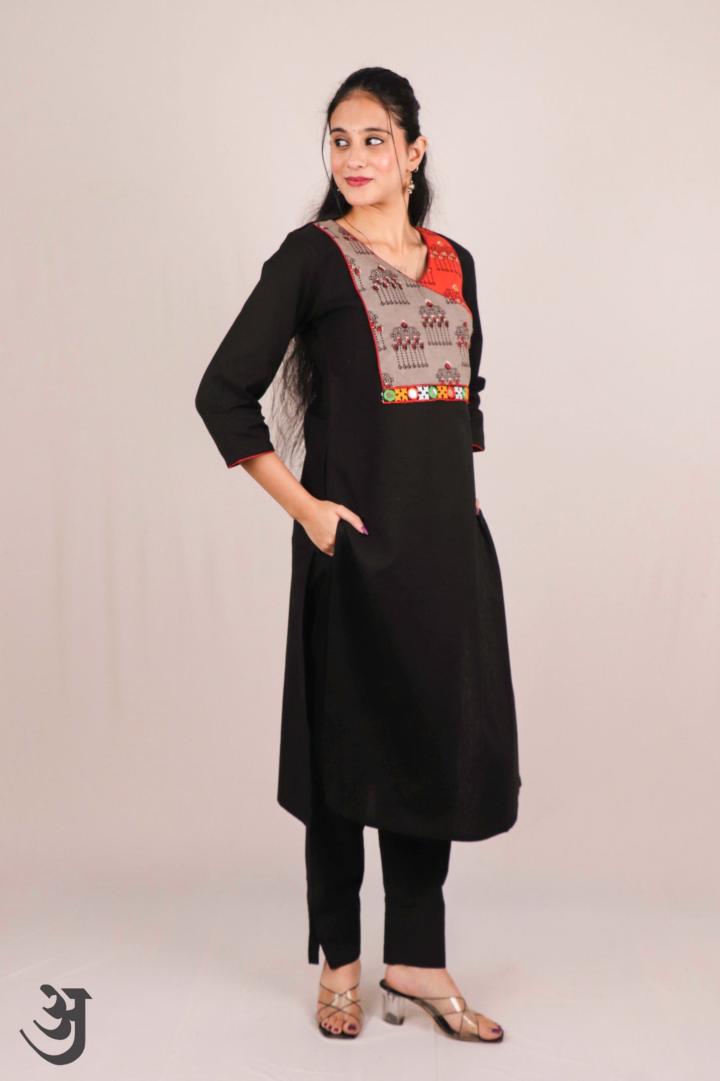 Black Cotton Kurti With Yoke