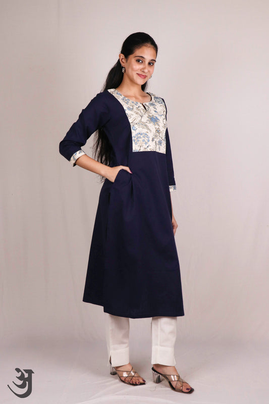 Blue Cotton Kurti With Yoke