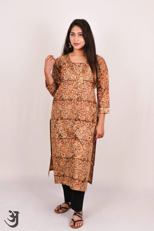 Orange Kalamkari V-neck Kurti