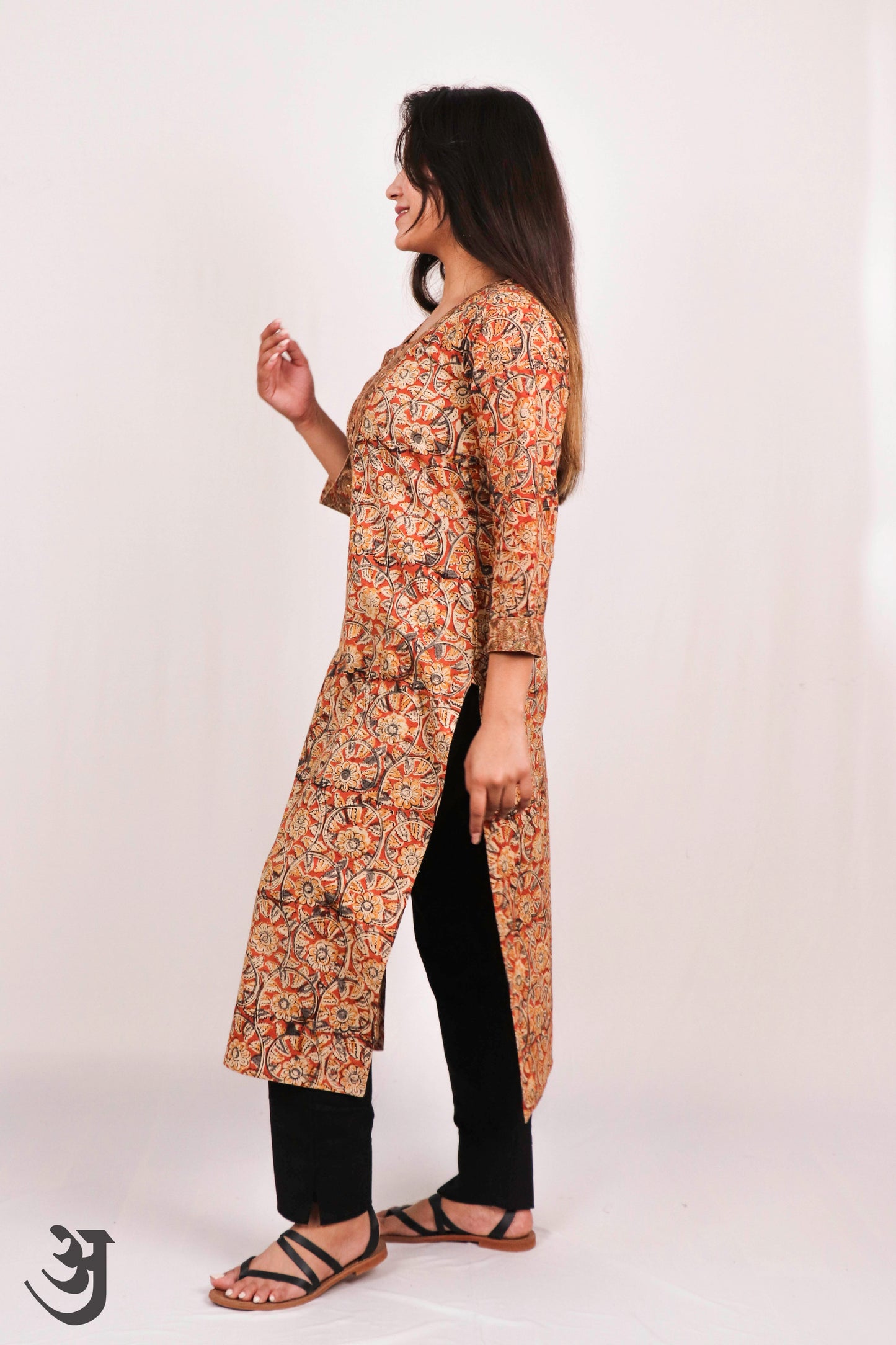 Orange Kalamkari V-neck Kurti