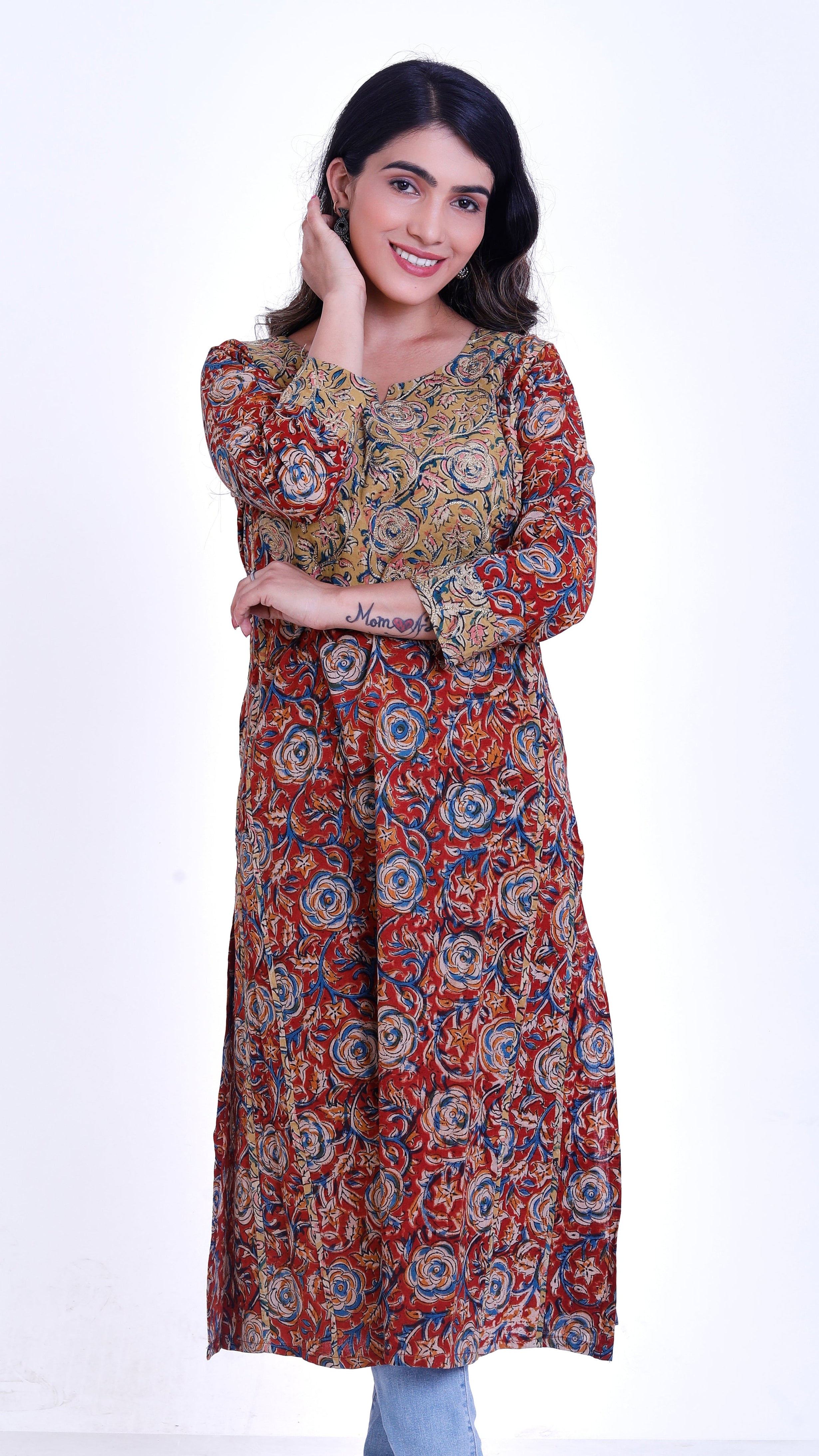 Red Kalamkari Kurta with 3/4 sleeves