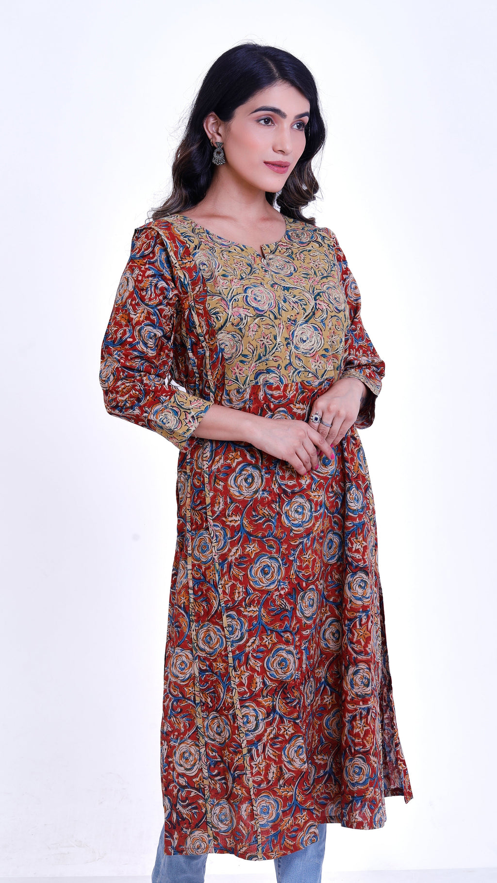Red Kalamkari Kurta with 3/4 sleeves