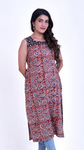 Kalamkari straight kurti with blue yoke