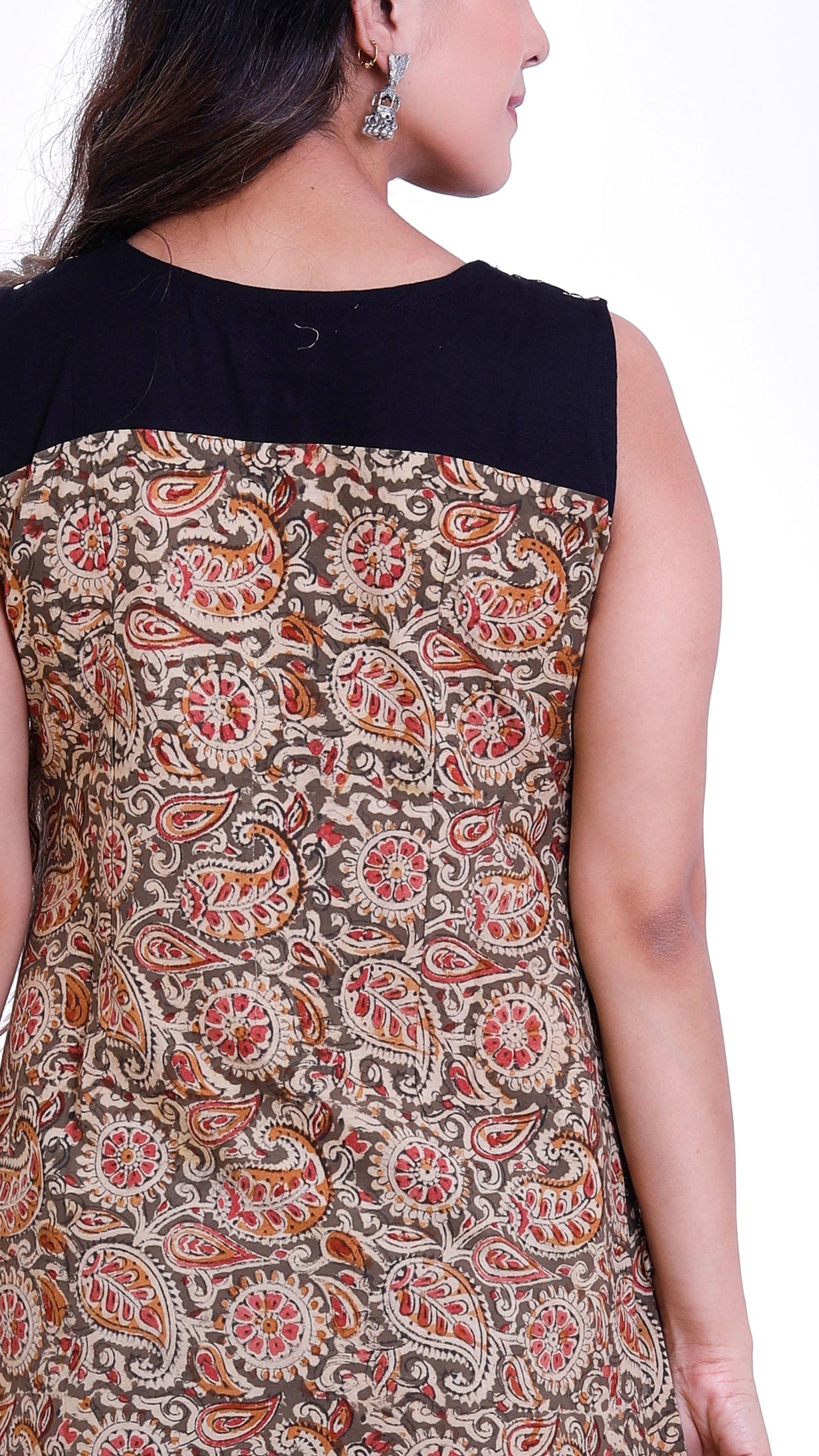 Kalamkari straight kurti with black yoke