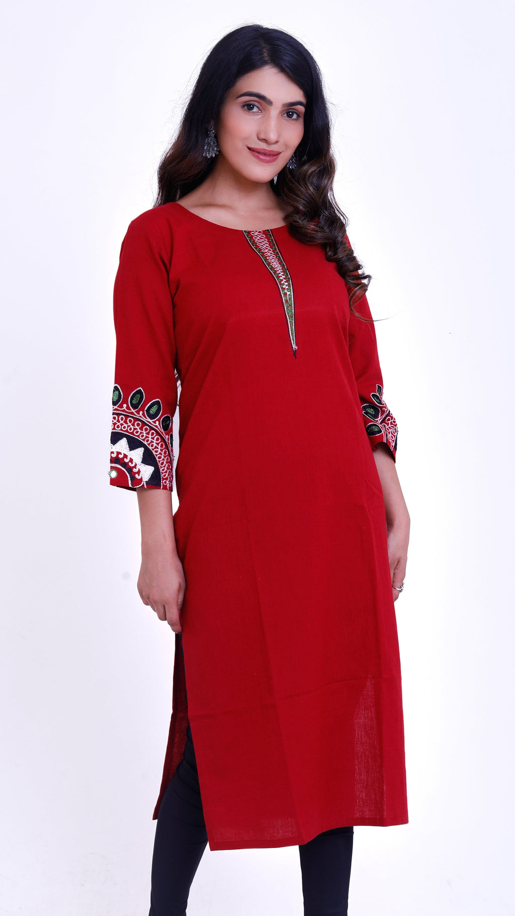 Red kurta with embroidery on sleeves