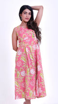 Woman wearing a pink floral dress 